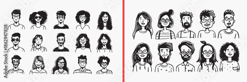 people face illustration vector, cartoon portrait expression set, human face sketch collection, male female avatar icons, facial expression doodle art, people character illustration, profile face vect