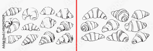 croissant illustration vector, bakery pastry sketch, bread doodle artwork, french bakery food design, croissant clipart collection, 