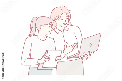 Businesswomen brainstorming using laptop together. Female employees collaborate discussing business ideas on computer. Vector illustration.