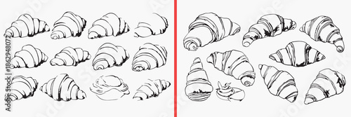 croissant illustration vector, bakery pastry sketch, bread doodle artwork, french bakery food design, croissant clipart collection, baked food illustration s
