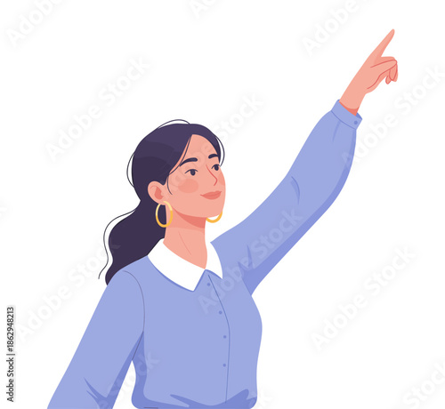 Woman pointing upwards with confident smile