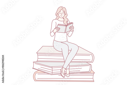 Smiling young woman sitting on pile of huge books reading. Happy girl enjoy literature visualizing or imagining. Education and hobby. Vector illustration.