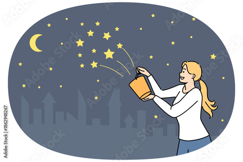 Woman pours stars into sky from yellow bucket, wanting to see beautiful night landscape and fantasizing about own positive contribution to environment. Cheerful girl decorates firmament with new stars