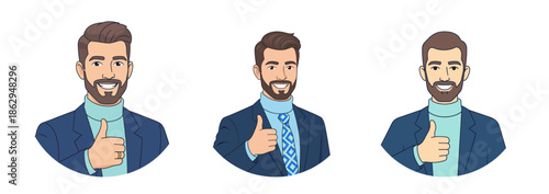 Set of Bearded man giving thumbs up