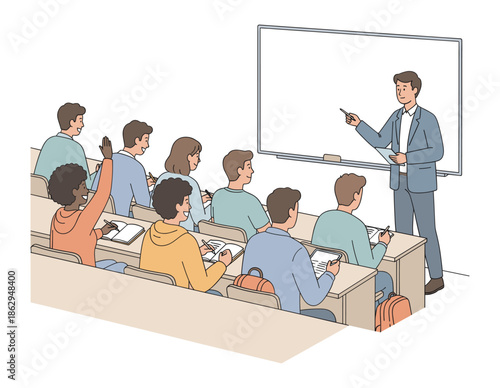 Teacher lecturing to students in classroom with whiteboard
