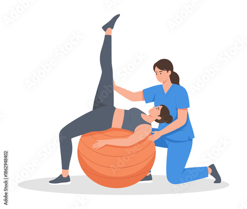 Female therapist assisting patient with leg exercise on stability ball