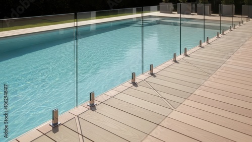 Modern swimming pool with clear water and wooden deck. Glass fence around pool for safety and contemporary design. Outdoor pool area for luxury living concept.
