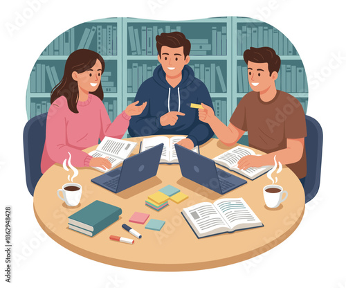 Students studying together in library with laptops and books