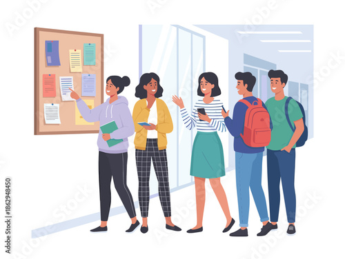Students gathered around a bulletin board in a school hallway