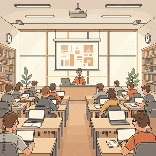 Teacher giving a lecture to students in a modern classroom