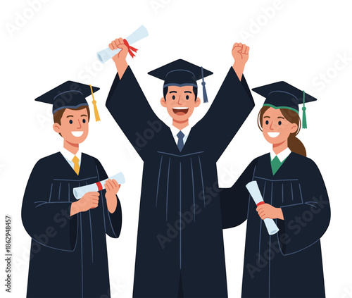 Three graduates celebrating with diplomas and raised arms