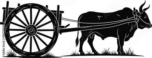 Traditional, bullock, cart, rural, transportation, agriculture, silhouette, black, white, vintage, ox, yoke, wheels, grass, harness, countryside, farming, history, animal, vehicle - flavector