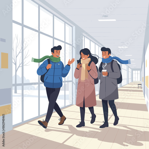 Students walking and chatting in modern school hallway