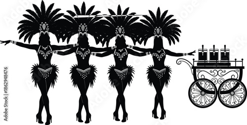 Showgirl silhouette, cabaret dancers, feather costume, Las Vegas style, entertainment vector, black and white, performance art, festive scene, drink cart