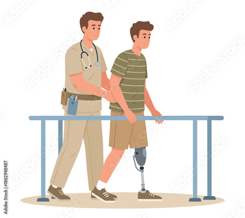Physiotherapist assisting patient with prosthetic leg walking