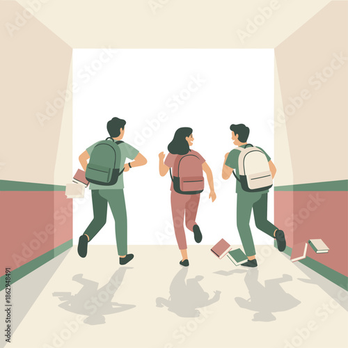 Students running down school hallway with books falling