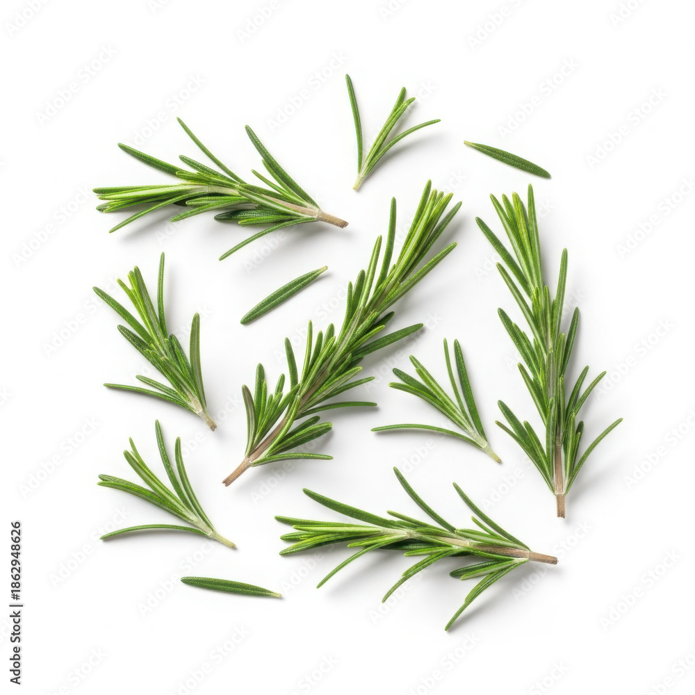 Obraz premium Fresh rosemary sprigs scattered across a clean white surface