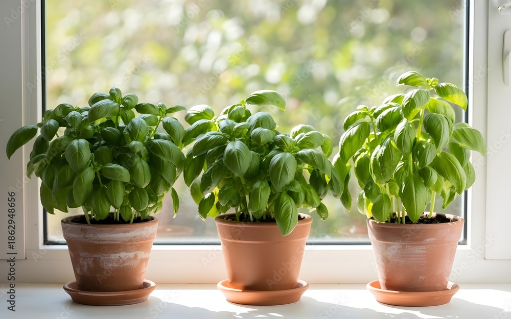Fototapeta premium Three potted basil plants on a windowsill