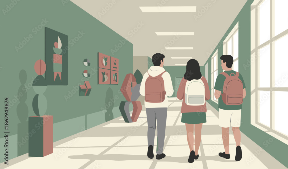 Fototapeta premium Students walking through art gallery hallway