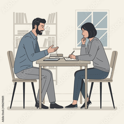 Counselor meeting with client at table with notes