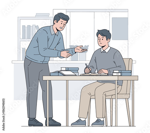 Teacher assisting student at desk with books and notebook