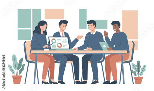 Business team reviewing data on laptop in meeting