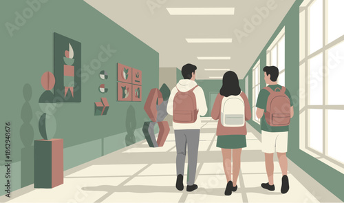 Students walking through art gallery hallway