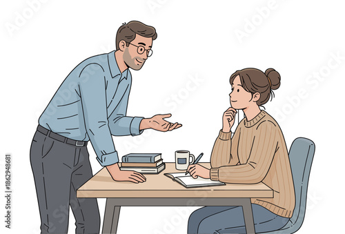Teacher helping student with notebook and coffee