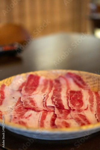 Close up of sliced brisket, raw meat. prepared for cooking
