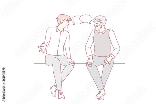 Old and young men sitting together talking. Older and younger male generation with speech bubbles engaged in conversation. Vector illustration.