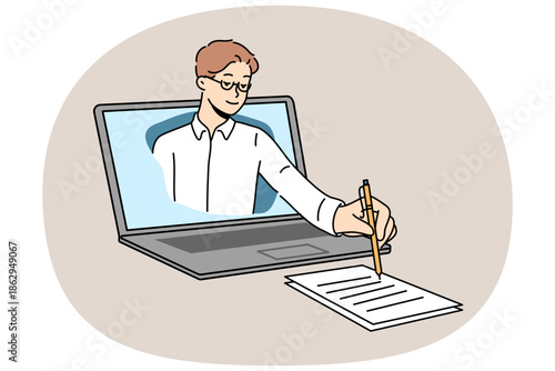 Business man takes notes on paper, looking out of laptop screen during online lecture for students. Consultancy provides remote business assistance services for entrepreneurs and company managers