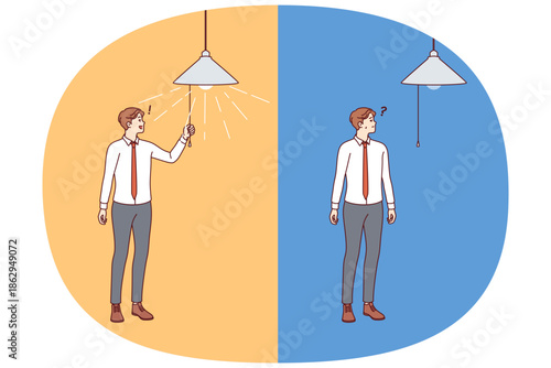 Business man came up with idea to get out of difficult situation, turns on light in room. Innovative startup idea appeared smart guy who thought about question and found bold solution.