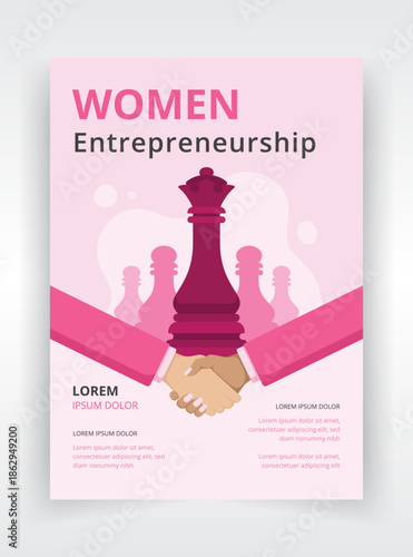Poster, cover or flyer template for women entrepreneurship. Featuring a handshake in front of a chess arrangement of pawns led by a queen piece symbolizing strategic leadership