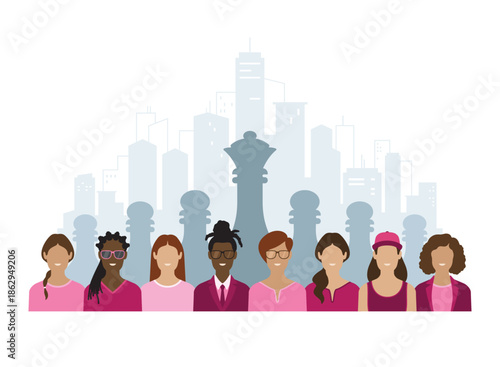 Diverse group of western women in front of a city skyline with a chess arrangement of pawns led by a queen piece symbolizing strategic leadership