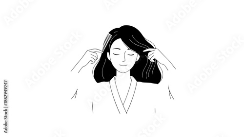 Minimalist vector illustration of a woman calmly combing her hair, self-care and mental wellness concept, soft shapes, neutral tones, flat design, clean background