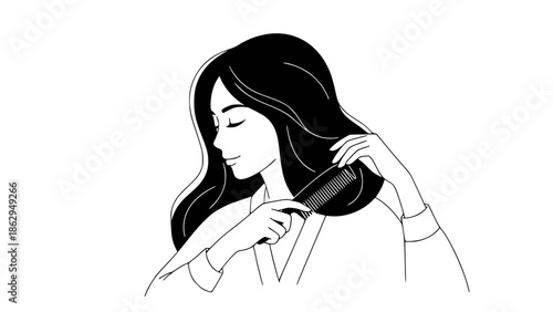 Minimalist vector illustration of a woman calmly combing her hair, self-care and mental wellness concept, soft shapes, neutral tones, flat design, clean background