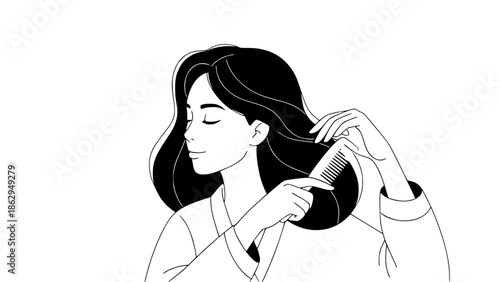 Minimalist vector illustration of a woman calmly combing her hair, self-care and mental wellness concept, soft shapes, neutral tones, flat design, clean background