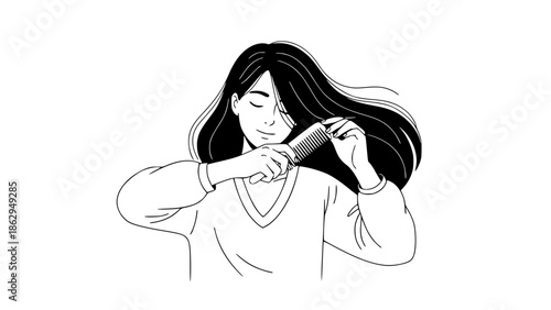 Minimalist vector illustration of a woman calmly combing her hair, self-care and mental wellness concept, soft shapes, neutral tones, flat design, clean background