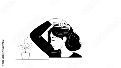 Minimalist vector illustration of a woman calmly combing her hair, self-care and mental wellness concept, soft shapes, neutral tones, flat design, clean background