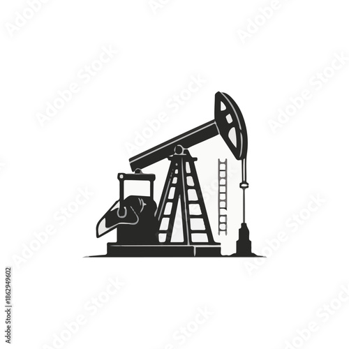 Black and white vector illustration of an industrial oil pump jack, representing energy production, fossil fuels, and the global petroleum industry.