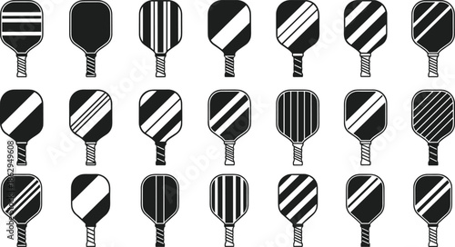 pickleball paddle racket silhouette sport equipment game recreation black icon collection