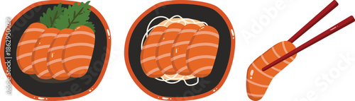 Set of Salmon Sashimi Japanese Food Illustration