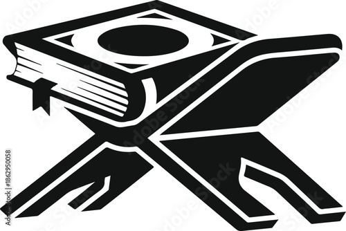 A black and white illustration depicting an open book and quill pen