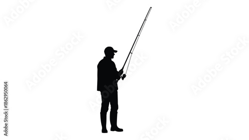 Silhouette of a fisherman holding a fishing rod against a white background