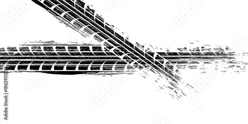 Tire track. Car, bike, motorcycle tyre mark with grunge effect isolated on white background. Wheel footprint on the road. Top view of rubber protector mark