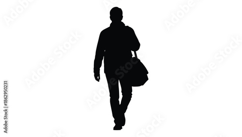 Silhouette of a person walking with a bag on a white background