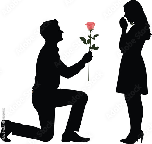 Man Kneeling and Proposing to Woman with Pink Rose, Romantic Couple Silhouette Vector Illustration