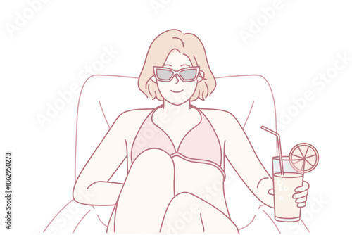 Relaxed lady enjoying summer sunshine outdoors, Elegant blonde woman relaxing by pool with tropical beverage, Serene vacation scene featuring woman sunbathing with cocktail and stylish accessories