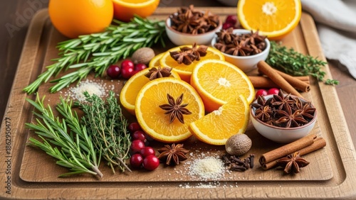 Holiday spice arrangement on wooden board