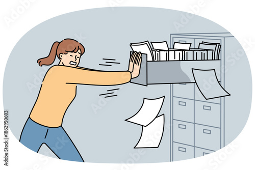 Woman closes overflowing filing cabinet, suffering from overabundance of paperwork and bureaucracy. Girl pushes safe with papers, for concept need for digitalization of data to get rid of bureaucracy